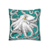 Octopus Kraken Tentacles White Teal Map Ink Art Spun Polyester Square Pillow Case Home Decor