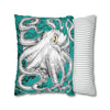 Octopus Kraken Tentacles White Teal Map Ink Art Spun Polyester Square Pillow Case Home Decor