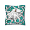 Octopus Kraken Tentacles White Teal Map Ink Art Spun Polyester Square Pillow Case Home Decor