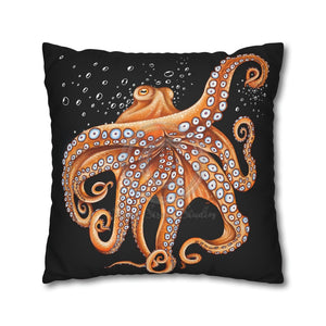 Octopus Orange Red Bubbles Dance Black Art Spun Polyester Square Pillow Case 20 × Home Decor