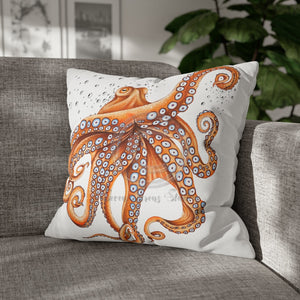 Octopus Orange Red Dance Bubbles Art Spun Polyester Square Pillow Case 20 × Home Decor