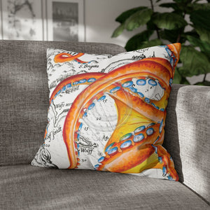 Octopus Orange Red Vintage Map Ink Art Spun Polyester Square Pillow Case 20 × Home Decor