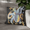 Octopus Steel Blue Vintage Map Dark Watercolor Art Spun Polyester Square Pillow Case 16 × Home Decor