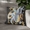 Octopus Steel Blue Vintage Map Dark Watercolor Art Spun Polyester Square Pillow Case 16 × Home Decor