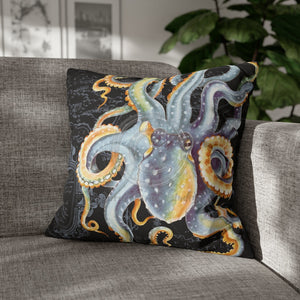 Octopus Steel Blue Vintage Map Dark Watercolor Art Spun Polyester Square Pillow Case 20 × Home Decor