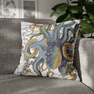 Octopus Steel Blue Vintage Map Light Watercolor Art Spun Polyester Square Pillow Case 20 × Home