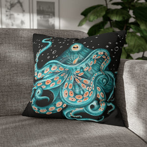 Octopus Teal Green Bubbles Black Art Spun Polyester Square Pillow Case 20 × Home Decor