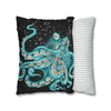 Octopus Teal Green Bubbles Black Art Spun Polyester Square Pillow Case Home Decor