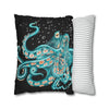 Octopus Teal Green Bubbles Black Art Spun Polyester Square Pillow Case Home Decor