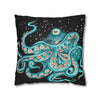 Octopus Teal Green Bubbles Black Art Spun Polyester Square Pillow Case Home Decor