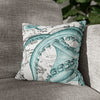 Octopus Teal Vintage Map Ink Art Spun Polyester Square Pillow Case 14 × Home Decor