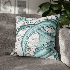 Octopus Teal Vintage Map Ink Art Spun Polyester Square Pillow Case 20 × Home Decor