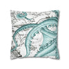 Octopus Teal Vintage Map Ink Art Spun Polyester Square Pillow Case Home Decor