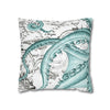 Octopus Teal Vintage Map Ink Art Spun Polyester Square Pillow Case Home Decor