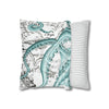 Octopus Teal Vintage Map Ink Art Spun Polyester Square Pillow Case Home Decor