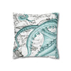 Octopus Teal Vintage Map Ink Art Spun Polyester Square Pillow Case Home Decor