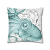 Octopus Teal Vintage Map Ink Art Spun Polyester Square Pillow Case Home Decor