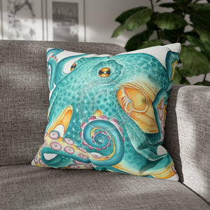 Octopus Teal Watercolor Ink Art Spun Polyester Square Pillow Case 20 × Home Decor