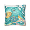 Octopus Teal Watercolor Ink Art Spun Polyester Square Pillow Case Home Decor