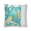 Octopus Teal Watercolor Ink Art Spun Polyester Square Pillow Case Home Decor