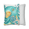 Octopus Teal Watercolor Ink Art Spun Polyester Square Pillow Case Home Decor