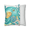 Octopus Teal Watercolor Ink Art Spun Polyester Square Pillow Case Home Decor