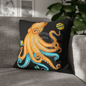 Octopus Yellow Teal Planets Watercolor Art Spun Polyester Square Pillow Case 20 × Home Decor