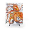 Orange Octopus Dance Vintage Map Black Ink Art Shower Curtain 71 × 74 Home Decor