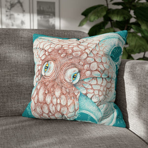 Orange Octopus Kraken Tentacles Ink Teal Art Spun Polyester Square Pillow Case 20 × Home Decor