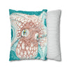 Orange Octopus Kraken Tentacles Ink Teal Art Spun Polyester Square Pillow Case Home Decor