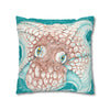 Orange Octopus Kraken Tentacles Ink Teal Art Spun Polyester Square Pillow Case Home Decor