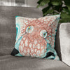 Orange Octopus Kraken Tentacles Ink Teal Green Art Spun Polyester Square Pillow Case 16 × Home Decor