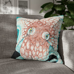 Orange Octopus Kraken Tentacles Ink Teal Green Art Spun Polyester Square Pillow Case 20 × Home Decor