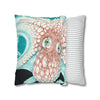 Orange Octopus Kraken Tentacles Ink Teal Green Art Spun Polyester Square Pillow Case Home Decor