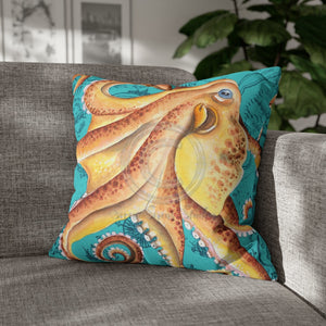 Orange Octopus Kraken Vintage Map Teal Art Spun Polyester Square Pillow Case 20 × Home Decor