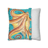 Orange Octopus Kraken Vintage Map Teal Art Spun Polyester Square Pillow Case Home Decor