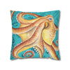 Orange Octopus Kraken Vintage Map Teal Art Spun Polyester Square Pillow Case Home Decor