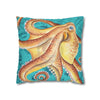 Orange Octopus Kraken Vintage Map Teal Art Spun Polyester Square Pillow Case Home Decor