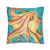 Orange Octopus Kraken Vintage Map Teal Art Spun Polyester Square Pillow Case Home Decor