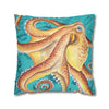 Orange Octopus Kraken Vintage Map Teal Art Spun Polyester Square Pillow Case Home Decor