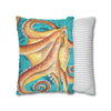 Orange Octopus Kraken Vintage Map Teal Art Spun Polyester Square Pillow Case Home Decor