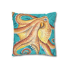 Orange Octopus Kraken Vintage Map Teal Art Spun Polyester Square Pillow Case Home Decor