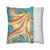 Orange Octopus Kraken Vintage Map Teal Art Spun Polyester Square Pillow Case Home Decor