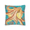 Orange Octopus Kraken Vintage Map Teal Art Spun Polyester Square Pillow Case Home Decor