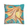 Orange Octopus Kraken Vintage Map Teal Art Spun Polyester Square Pillow Case Home Decor