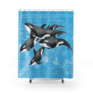 Orca Killer Whales Sky Blue Vintage Map Shower Curtain 71X74 Home Decor
