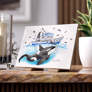 Orca Whale And The Boat Watercolor Art Ceramic Photo Tile 6 × 8 / Glossy Home Decor