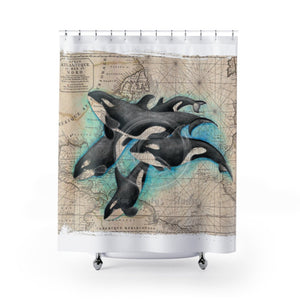Orca Whale Family Beige Vintage Grunge Map Shower Curtain Home Decor