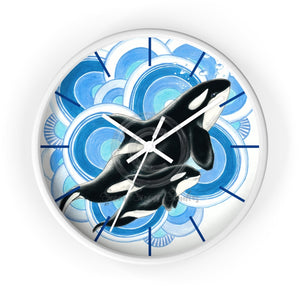 Orca Whale Family Blue Circles Ink Art Wall Clock White / 10 Home Decor