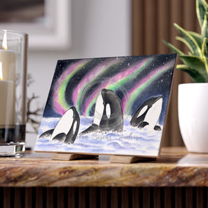 Orca Whale Family Starry Night Northern Lights Watercolor Art Ceramic Photo Tile 6 × 8 / Glossy Home